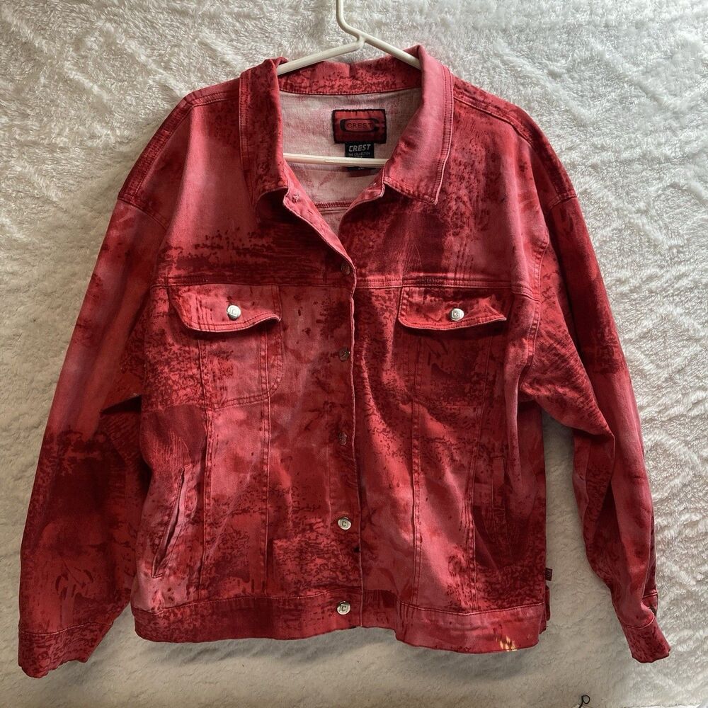 VTG Red Crest Denim Jacket Red Y2K 90s Stretch Lightweight Sz 2X Acid Wash Urban